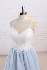 Wedding Dresses And Shoes, Light Blue Tulle and White Top Long Wedding Party Gowns, Straps Junior Prom Dress