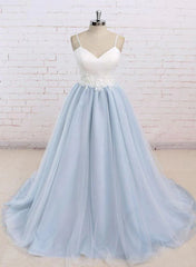 Wedding Dresses Fashion, Light Blue Tulle and White Top Long Wedding Party Gowns, Straps Junior Prom Dress