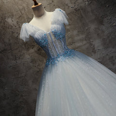Evening Dress Shops, Light Blue Tulle Long Party Dress Formal Dress, Blue Tulle Formal Dress with Flowers