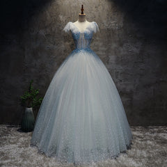 Evening Dress Near Me, Light Blue Tulle Long Party Dress Formal Dress, Blue Tulle Formal Dress with Flowers