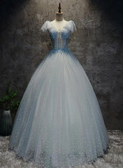 Evening Dress Yde, Light Blue Tulle Long Party Dress Formal Dress, Blue Tulle Formal Dress with Flowers