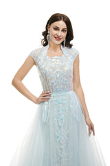 Homecoming Dress Pink, Light Blue Tulle Sequins Appliques Cap Sleeve Prom Dresses