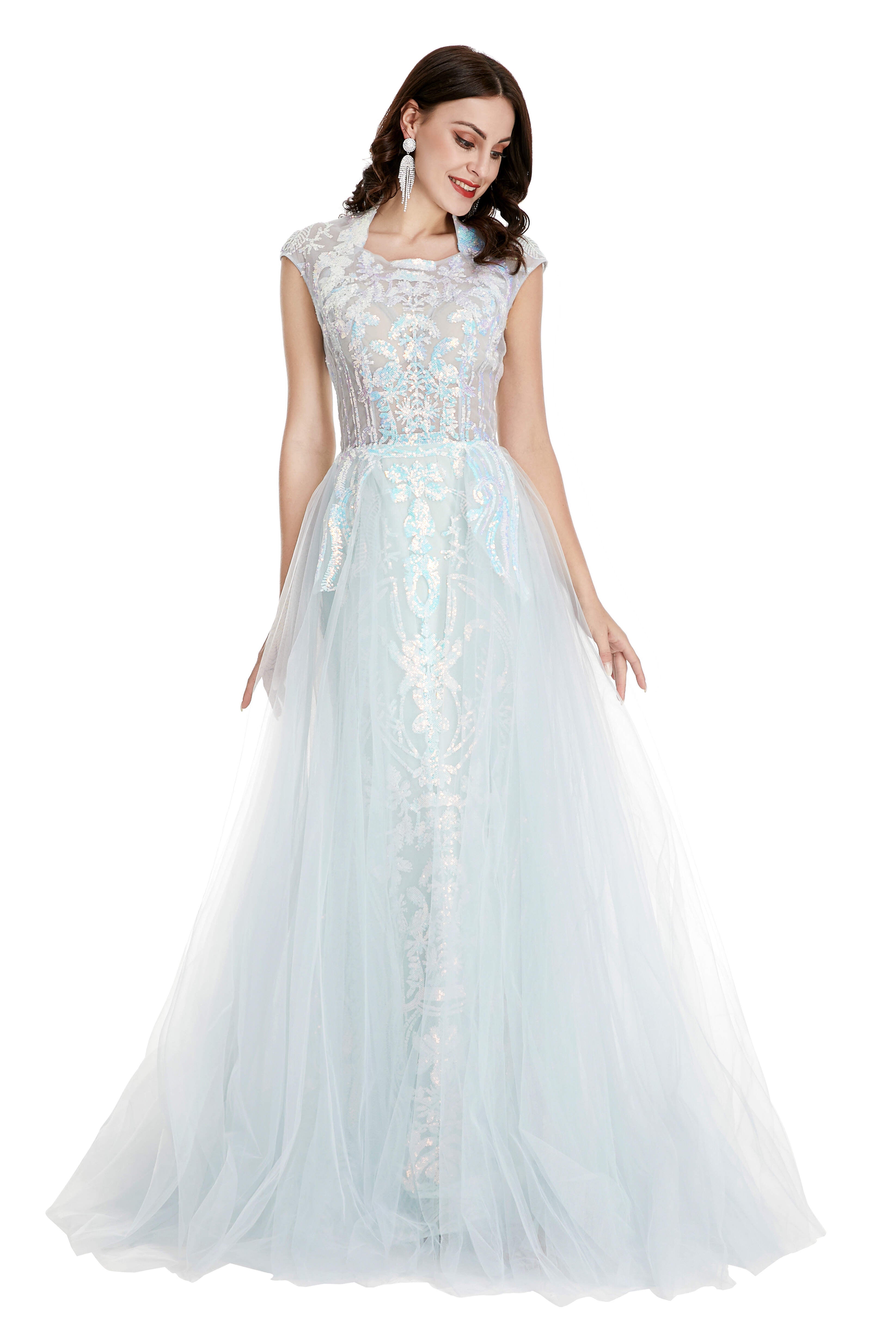 Homecoming Dresses With Sleeves, Light Blue Tulle Sequins Appliques Cap Sleeve Prom Dresses