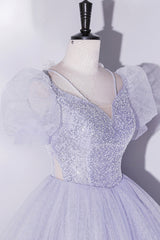 Prom Dress2024, Light Blue Tulle Sequins Prom Dress, Scoop Neck Short Sleeve Puffy Floor-Length Evening Dress