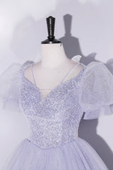 Prom Dressed 2024, Light Blue Tulle Sequins Prom Dress, Scoop Neck Short Sleeve Puffy Floor-Length Evening Dress