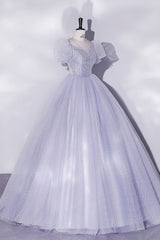 Prom Dresses2024, Light Blue Tulle Sequins Prom Dress, Scoop Neck Short Sleeve Puffy Floor-Length Evening Dress
