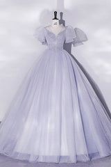 Prom Dress On Sale, Light Blue Tulle Sequins Prom Dress, Scoop Neck Short Sleeve Puffy Floor-Length Evening Dress