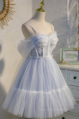 Party Dress Designer, Light Blue Tulle Short A-line Homecoming Dress