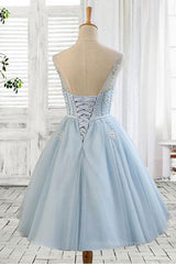 Satin Prom Dress, Light blue tulle short prom dress, blue homecoming dress