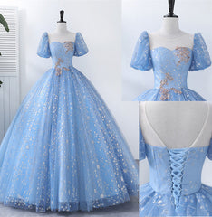 Bridesmaid Dress Cheap, Light Blue Tulle Short Sleeves Long Formal Dress, Blue Sweet 16 Dress