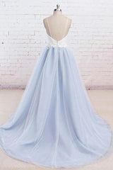 Homecomming Dresses With Sleeves, Light Blue Tulle Simple Spaghetti Straps Sweep Train Backless Prom Dress