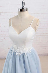Homecoming Dress Floral, Light Blue Tulle Simple Spaghetti Straps Sweep Train Backless Prom Dress