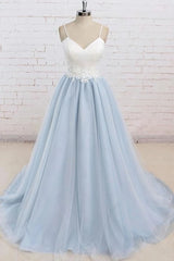 Homecoming Dress With Sleeves, Light Blue Tulle Simple Spaghetti Straps Sweep Train Backless Prom Dress