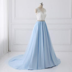 Wedding Dresses Stores, Light Blue Tulle V Back Long Party Dress with Bow, Blue Evening Dress Wedding Party Dress