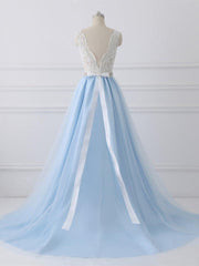 Wedding Dresses Store, Light Blue Tulle V Back Long Party Dress with Bow, Blue Evening Dress Wedding Party Dress