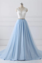 Wedding Dress Lookbook, Light Blue Tulle V Back Long Party Dress with Bow, Blue Evening Dress Wedding Party Dress