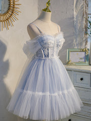 Formal Dress Stores Near Me, Light Blue Tulle with Beaded Short Homecoming Dresses, Blue Short Prom Dresses