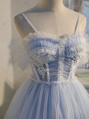 Formal Dresses Near Me, Light Blue Tulle with Beaded Short Homecoming Dresses, Blue Short Prom Dresses