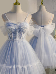 Formal Dress Store Near Me, Light Blue Tulle with Beaded Short Homecoming Dresses, Blue Short Prom Dresses