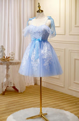 Homecoming, Light Blue Tulle with Lace Knee Length Party Dress, Blue Homecoming Dresses