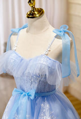 Formal Dress Short, Light Blue Tulle with Lace Knee Length Party Dress, Blue Homecoming Dresses