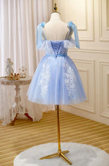 Short White Dress, Light Blue Tulle with Lace Knee Length Party Dress, Blue Homecoming Dresses