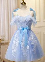 Cute Summer Dress, Light Blue Tulle with Lace Knee Length Party Dress, Blue Homecoming Dresses