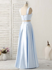 Party Dress For Teenage Girl, Light Blue Two Pieces Satin Long Prom Dress Simple Evening Dress