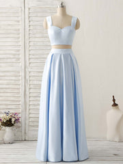 Party Dresses For Teenage Girl, Light Blue Two Pieces Satin Long Prom Dress Simple Evening Dress