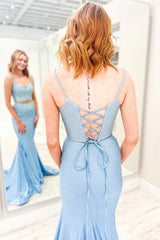 Light Blue Two Pieces Sparkly Mermaid Prom Dress