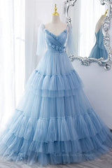 Bridesmaid Dress Mdae To Order, Light Blue V Neck Flaunt Sleeves Flowers Multi-Layers Maxi Formal Dress