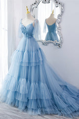 Bridesmaid Dress Under 131, Light Blue V Neck Flaunt Sleeves Flowers Multi-Layers Maxi Formal Dress