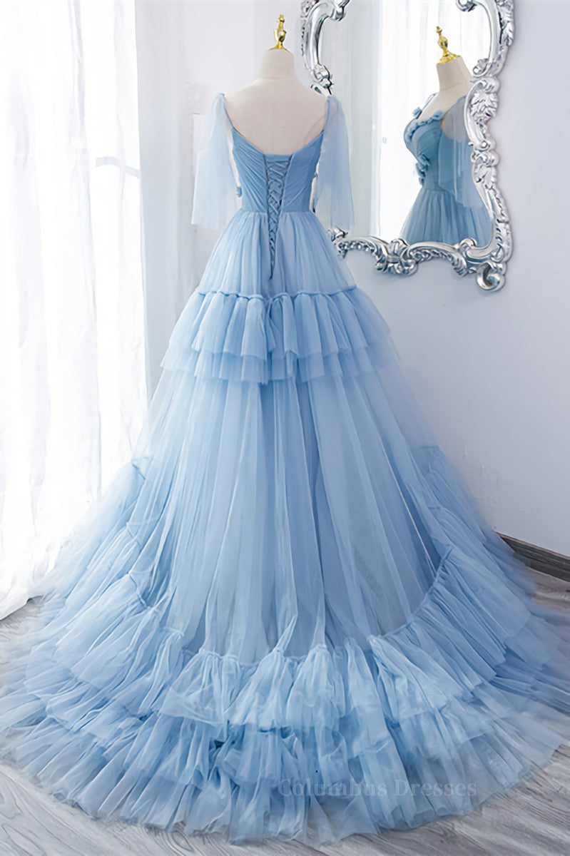Bridesmaids Dresses Under 131, Light Blue V Neck Flaunt Sleeves Flowers Multi-Layers Maxi Formal Dress