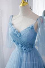 Bridesmaids Dress Under 131, Light Blue V Neck Flaunt Sleeves Flowers Multi-Layers Maxi Formal Dress