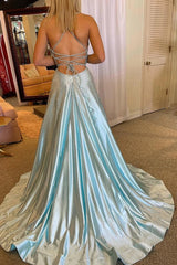 Light Blue V-Neck Long Prom Dress with Criss Cross Back