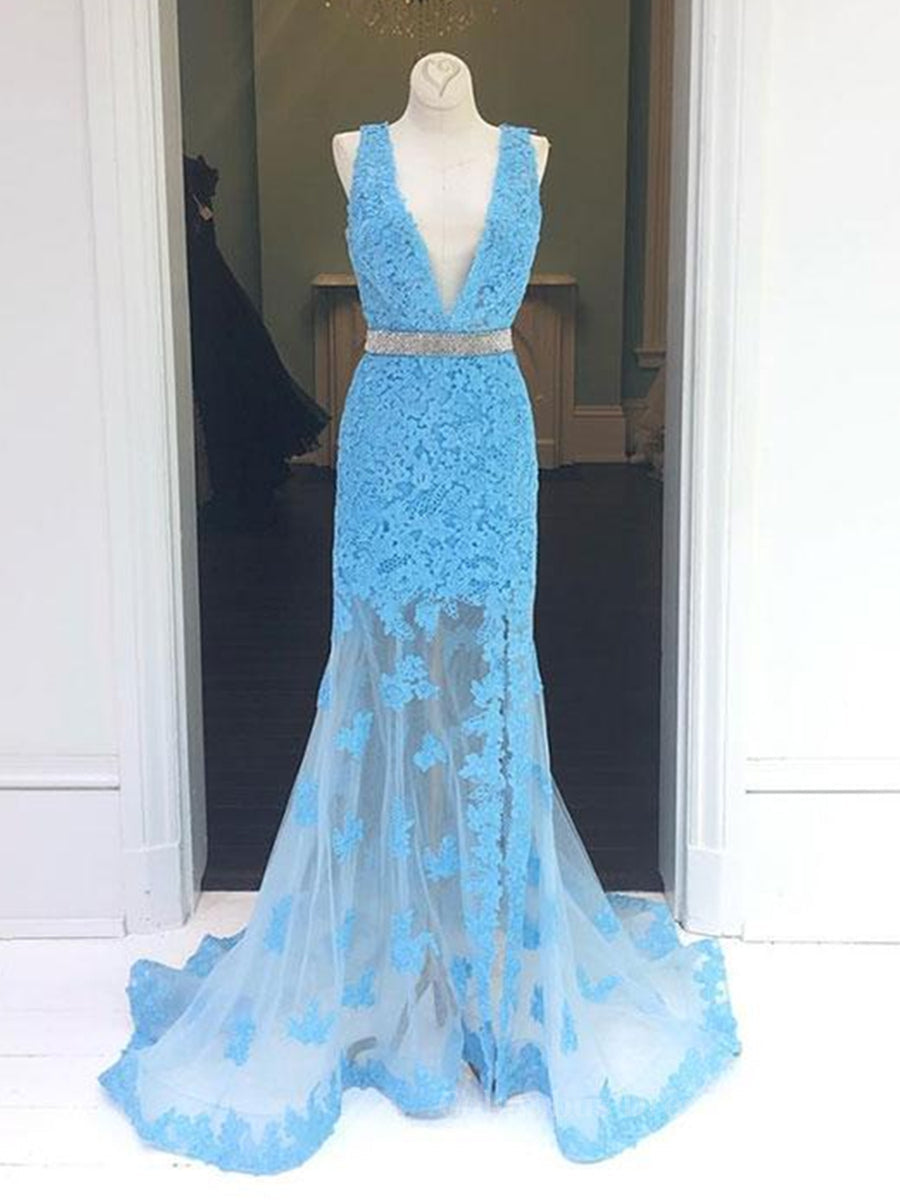Prom Dress Designer, Light Blue V Neck Mermaid Lace Applique Long Prom Dresses, Lace Blue Formal Dresses, Evening Dresses