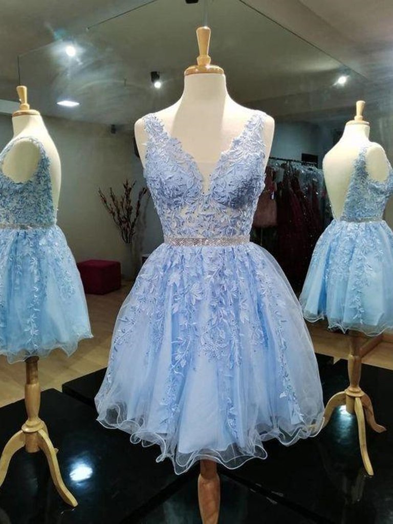 Formal Dress For Ladies, Light Blue V-neckline Knee Length Short Party Dress, Blue Homecoming Dresses