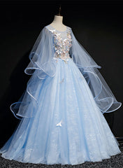 Party Dress Clubwear, Light Blue with Flowers and Butterflies Formal Dress, Blue Sweet 16 Dresses