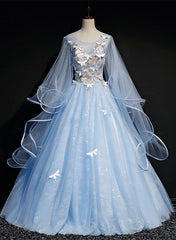 Party Dresses Clubwear, Light Blue with Flowers and Butterflies Formal Dress, Blue Sweet 16 Dresses