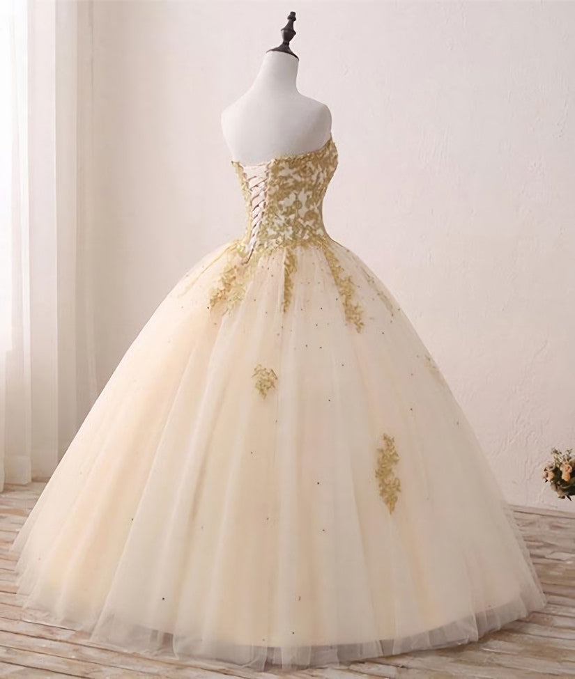 Ruffle Dress, Light Champagne Ball Gown Party Dress, Sweet 16 dress with Gold Applique