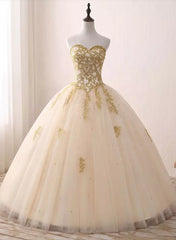 Formal Dresses For Ladies Over 51, Light Champagne Ball Gown Party Dress, Sweet 16 dress with Gold Applique