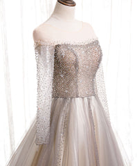 Formal Dress Shop Near Me, Light Champagne Long Prom Dress, A line Sequin Formal Evening Party Dress