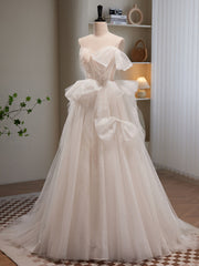 Formal Dress Suits For Ladies, Light Champagne Tulle Beading Long Prom Dress, Light Champagne Formal Dress