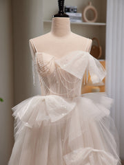 Formal Dress For Beach Wedding, Light Champagne Tulle Beading Long Prom Dress, Light Champagne Formal Dress