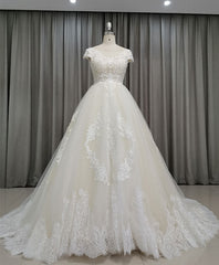 Wedding Dress Stores Near Me, Light Champagne Tulle Lace Long Wedding Dress Lace Bridal Dress