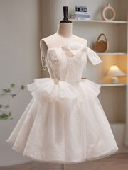 Evening Dress Sleeves, Light Champagne Tulle Short Prom Dress, Light Champagne Homecoming Dress