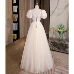 Long Gown, Light Champagne Tulle with Light Pink Satin Prom Dress, A-line Long Formal Dress