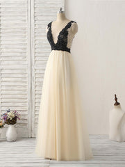 Party Dresses Black And Gold, Light Champagne V Neck Beads Tulle Long Prom Dress, Champagne Formal Dress