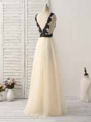 Prom Dress Inspiration, Light Champagne V Neck Beads Tulle Long Prom Dress, Champagne Formal Dress
