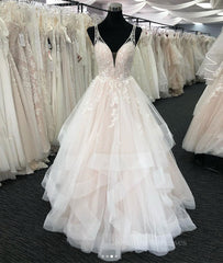 Wedding Dresses Trends, Light champagne v neck tulle lace long prom dress, wedding dress
